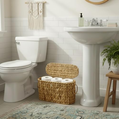 Coeusy Toilet Paper Basket with Lid,Wicker Basket for Bathroom Organizers and Storage,Holds Up to 6 Mega Rolls, Decorative Hand-Woven Rattan Bathroom Decor Accessories,Natural Water Hyacinth - Image 2