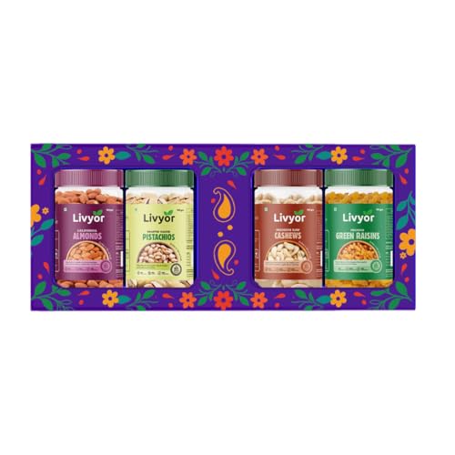 Image of Livyor Premium Dry Fruits Combo Pack for eating - 400g | 100g each | Cashews, Pistachios, Almonds, Green Raisins | Family Snacks Pack | Winter Essentials | Combo of 4 Healthy Assortments | Dry Fruits & Nuts Combo | Nutrient-Rich Treats for Family | Healthy and Tasty | Gourmet Snack | Best Gifting Option | Pack of 4