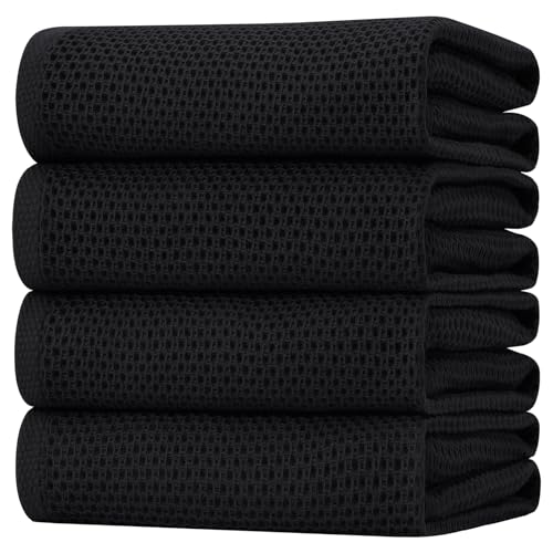 Image of Homaxy 100% Cotton Oversized Waffle Weave Kitchen Dish Towels, Ultra Soft Absorbent Quick Drying Cleaning Towel, 20 x 28 Inches, 4-Pack, Black