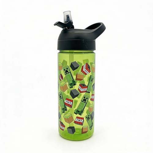 Minecraft 600ml Kids Water Bottle with Flip Spout Lid Creeper & TNT Design BPA-Free Drinking Bottle for School Travel & Sports Green
