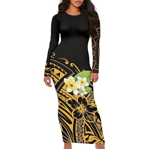 Hdjxbdhsv Polynesian Traditional Tribal Pattern Long Sleeve Midi Dress Samoan Fiji Bodycon Sundress Women Custom Print Sexy Dress Cover