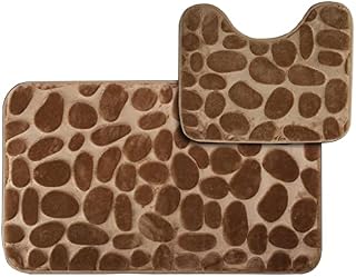 DIVCHI Non Slip Bath Mat Set - 2 Piece Thickened Bathroom Mat Set - Extra Absorbent 100% Memory Foam Bath Mat (80 x 50cm) and Pedestal Toilet Mat (50 x 40cm U Shape) (Khaki)