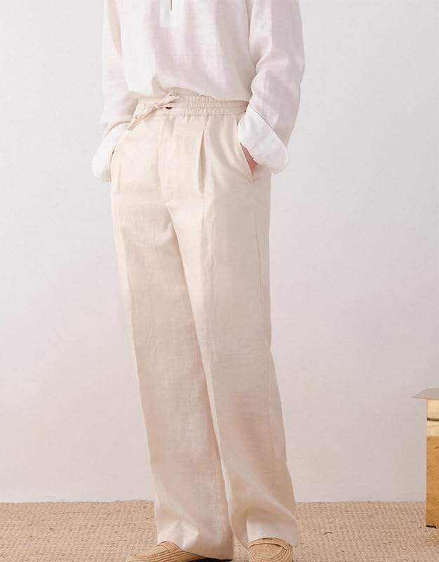 Men's Casual Linen Pants Beach Summer Drawstring Elastic Waist Lightweight Pants Vacation4