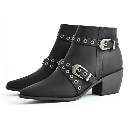 Ankle Boots for Women Chunky heels Booties with Side Zipper Eyelet Straps Almond Toe Short Boots,Black4