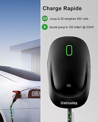 wattsaving chargeur ev triphasé 22kw/11kw monophasé 7kw/3,5kw borne de recharge vehicule electrique avec câble de charge de type 2 de 5 mètres installation de câblage