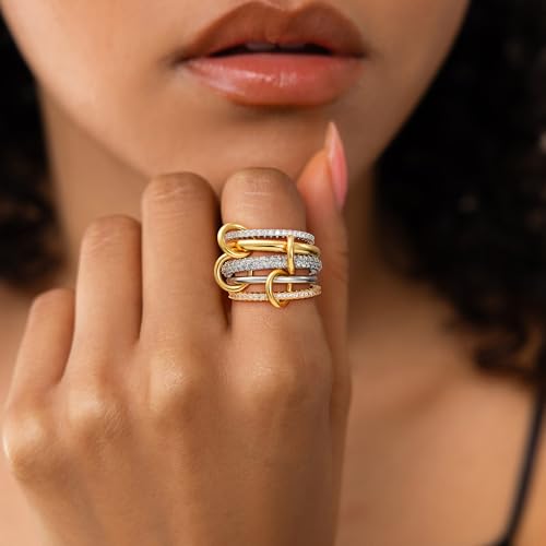 Gold Stackable Rings for Women, 14K Gold Plated Cubic Zirconia Rings, Silver Gold Multi Ring Mixed Metals Stackable Ring Set for Women Non Tarnish3