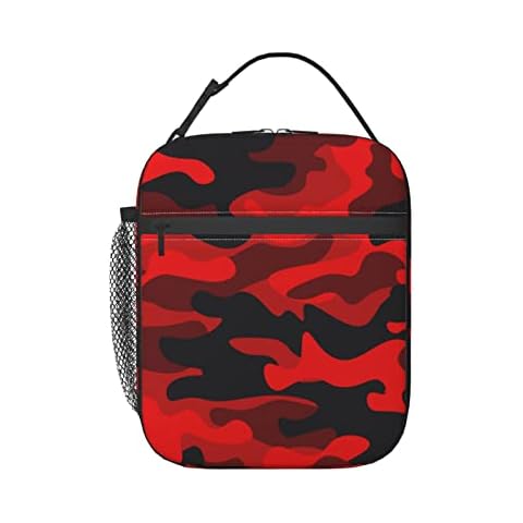 Lunch Box Military Camouflake Camo Red Black Insulated Bag Reusable Leakproof Food Tote Container with Side Pocket for Work School Picnic Hiking Daytrip Cover