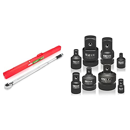 Neiko Pro 03710B 3/4” Drive Adjustable Click Torque Wrench | Sae | 100-700 Foot-Pound | Chrome Vanadium Steel | 48” Length & 30223A Impact Adapter And Reducer Set, 8 Piece | Cr-V | Sae #TOP10