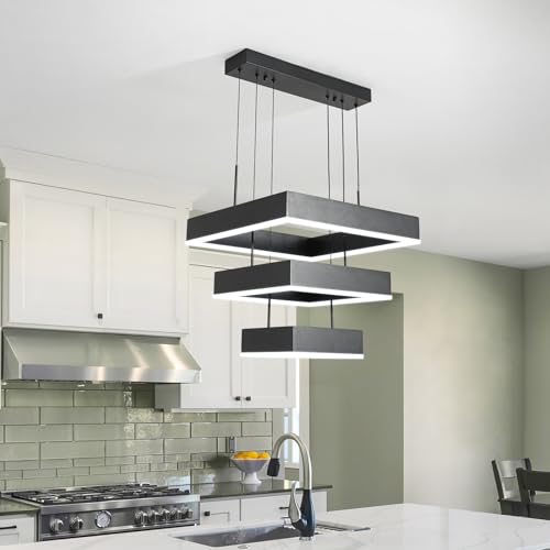 O'NEELDY Modern Chandelier 58W LED Black Pendant Light Embedded Mount Square Rings LED Chandeliers Dining Room Light Fixtures for Kitchen Bedroom, 6000K by O'NEELDY - Used condition - Image 2