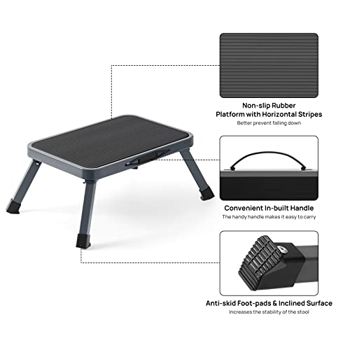 Ollieroo Metal Folding Step Stool, Wide One Step Stool With Non Slip Rubber Platform, 7 Inch One Step Ladder, Max Load 330 Lbs For Adults Kids, Portable Foot Stool For Kitchen Bedroom（Grey） #TOP1