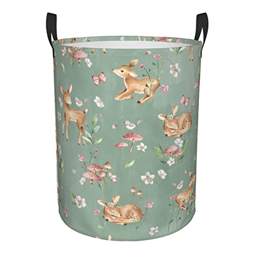 Image of Gbuzozie 38L Round Laundry Hamper Cute Deers Storage Basket Waterproof Coating Woodland Forest Animals Butterflies And Flowers Organizer Bin For Nursery Clothes Toys