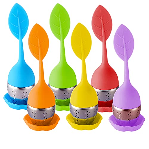 Filtro per Tè in Silicone, XiXiRan 6 Pezzi Set di Infusori per Tè in Silicone, Infusore Foglia Verde in Silicone, per Te e Tisane a Forma di Foglia di Tè in Acciaio Inox, con Vassoio