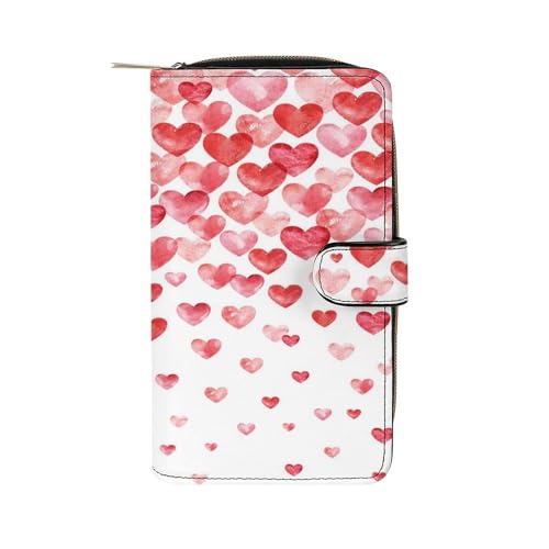 Nugier Women Soft PU Leather Wallet, Zipper Card Case Clutch Credit Bills Money Crash Coin 7.8x4.3x1.4 in Holder Purse Print Valentine Day Watercolor Hearts Falling Red Hearts