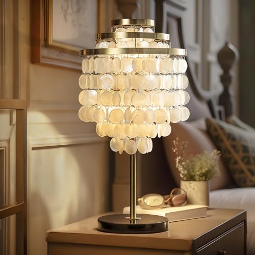 ALOADECOR 28in Tall 3-Lights E12 Coastal Capiz Seshells Table Lamp with Tiered Natural White Shells Shade in Antique Brass for Living Room Bedroom Not Dimmable Desk Reading Lamp