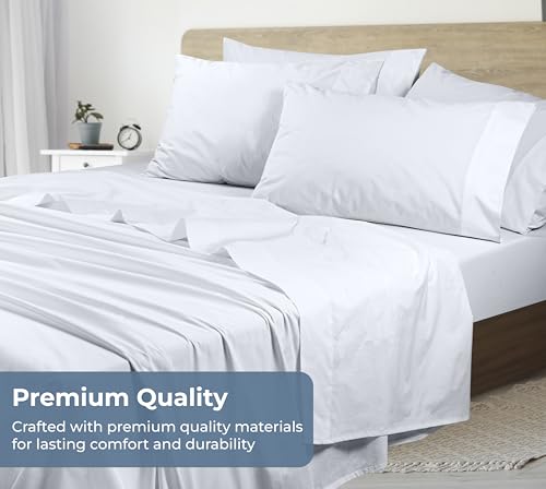 Image of ROYALE LINENS 100% Organic Cotton Queen Sheet Set - Percale Weave - 4 Pieces Set - 1 Flat, 1 Deep Pocket Fitted Sheet and 2 Pillowcases - White Bed Sheets - Sabanas Queen - Crisp Cool (White)