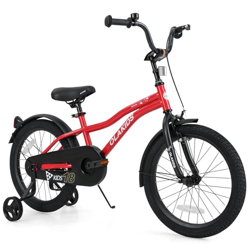 Olakids Kids Bike, 12 14 16 18 Inch Toddlers Bike with Training Wheels Safety Bell Adjustable Seat and Handlebar, Handbrake and Coaster Brake, Children's Bicycle for Boys Girls (18 Inch, Red)