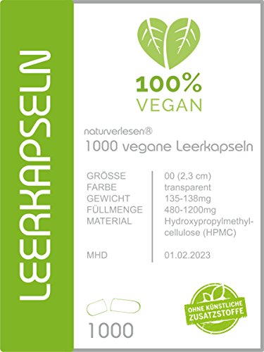1000 Stück vegane Leerkapseln Größe 00, halal & kocher, auch für Kapselfüllmaschinen geeignet. Beste Pharma-Qualität! HPMC, 100% vegan ~ vegetarisch