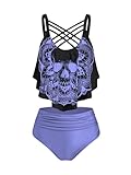 Picture of DRESSFO Women's Skull Floral Tankini Bikini Set – Crisscross Flounce Swimsuit Multi-D Medium