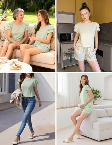 Image of Ekouaer Womens Pajama Sets 2 Piece Ruffle Sleeves Top and Shorts Pjs | Soft Sleepwear Cute Loungewear Set with Pockets for Sleep, Lounge, Wedding, Party, Bridal