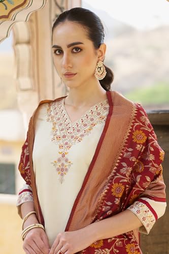 Image of VredeVogel Women's Embroidered Chanderi Silk Jacquard Straight Kurta Pant Set with Dupatta | Perfect for Festive & Casual Ethnic Wear Kurta Set