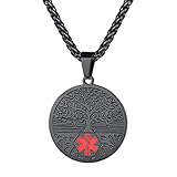 Medical Alert Necklace for Men Free Engraving Custom Necklace for Men Stainless Steel Tree Of Life Alert Necklace Black Engraved Necklace