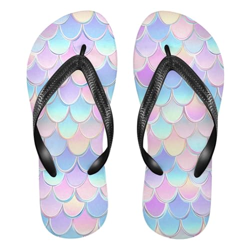 ALAZA Rainbow Scales Mermaid Flip Flops for Women Fashion Beach Slippers Comfort Mens Flip Flops Non-Slip Rubber Shower Slippers Sandal for Hotel Travel Sport,XS