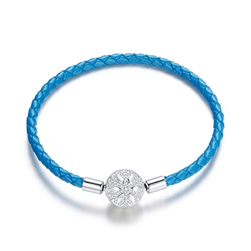 Bijoux en Argent Sterling 925 Pince Flocon de Neige Bracelet Cuir Bleu pour Charm
