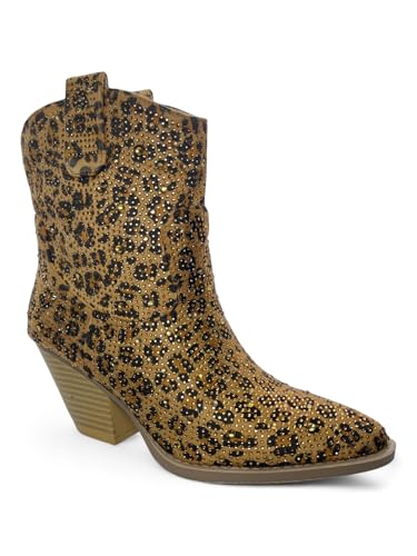 Image of ABSOLEX Women Western Cowgirl Cowboy Pointed Toe Rhinestone Ankle Booties | Casual Boots