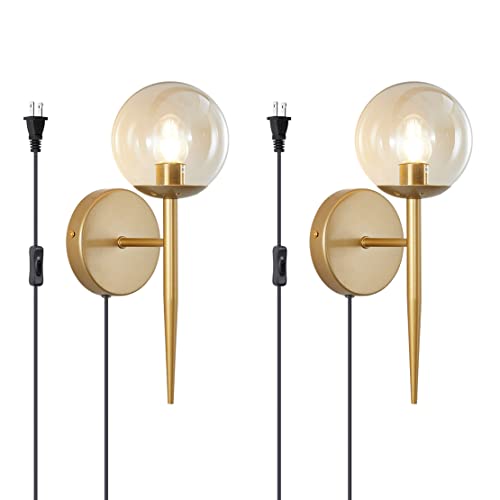Image of BOKT Vintage Brushed Gold Plug in Cord Wall Sconce Set of Two Mid Century Modern Globe Wall Sconce Lighting Plug in Set of 2 Vanity Bathroom Bedroom Bar Wall Lamp Plug in (Amber)