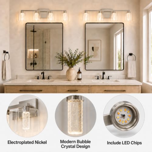 Image of 4-Light LED Vanity Light Fixtures for Bathroom,Electroplated Nickel | Bathroom Light Fixtures Over Mirror, 3 Color Lighting, Crystal Bubble Glass & Clear Glass Shade, Modern Vanity Light