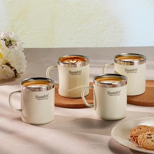 Image of Sumeet Stainless Steel Coloured Double Wall Tea /Milk /Coffee Mug Set of 4Pc - 300ml - Ivory