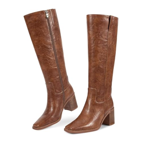 ISNOM Womens Knee High Boots with Chunky Heel Square Toe Block Tall Long Riding Boots with Zipper Casual Dress Retro Style2