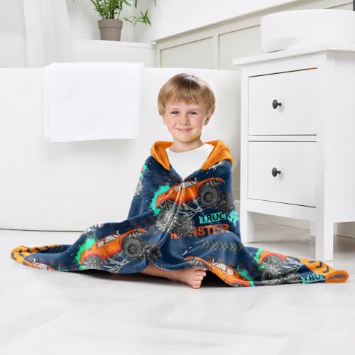 Image of Car Bath Towels Shower Wrap for Boys, Engineering Vehicle Boys Beach Towel with Hoodie for Kids Toddlers Age 4-8, Hooded Poncho Beach Blanket for Pool Swimming Cute Wearable Bath Towel for Child