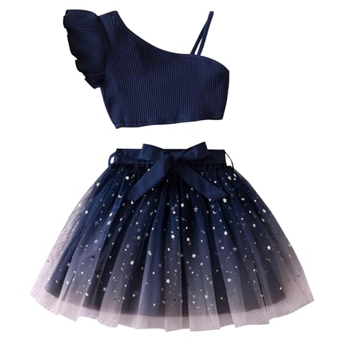 JiAmy Set di 2 vestiti per bambine e ragazze, top lavorato a maglia e gonna in tulle con paillettes, monospalla, estivo, per ragazze dai 2 ai 9 anni, Blu notte, 5-6 Years