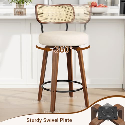 Image of YaFiti Swivel Bar Stools Set of 3, 26 inch Upholstered Barstools with Rattan Backs and Wood Legs, Modern PU Leather Counter Height Bar Chairs for Kitchen Island, Cream White
