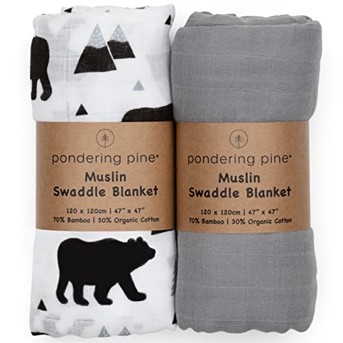 Image of Organic Baby Muslin Swaddle Blankets - Solid Gray and Bear Swaddle Blanket 2 Pack - Soft Organic Cotton and Natural Bamboo Muslin, XLarge and Breathable, Woodland, 47" X 47"