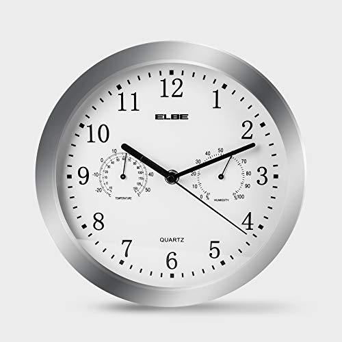 ELBE RP-3005-9 Reloj de pared con termómetro e higrómetro, mide temperatura y humedad, 25 cm diámetro, panel blanco marco plata, funciona con pilas, color plata