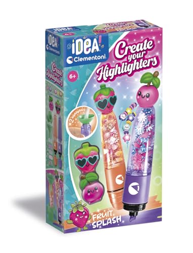Clementoni Idea - Create Your Highlighters Fruit Splash, Kit Creativo Bambini 6+ Anni, Evidenziatori Personalizzabili con Decorazioni e Personaggi Fruit, 18395