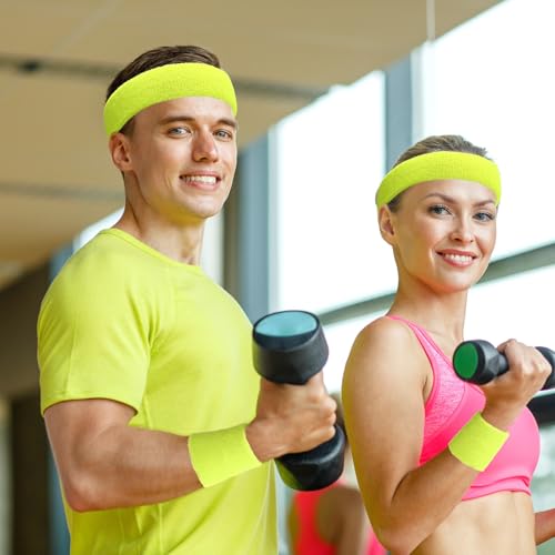 Image of 24 Pieces 80s Neon Sweatbands Set, Include 8 Sports Headbands and 16 Sweat Wristbands Elastic Athletic Tennis Sweat Bands Bulk for Man Woman