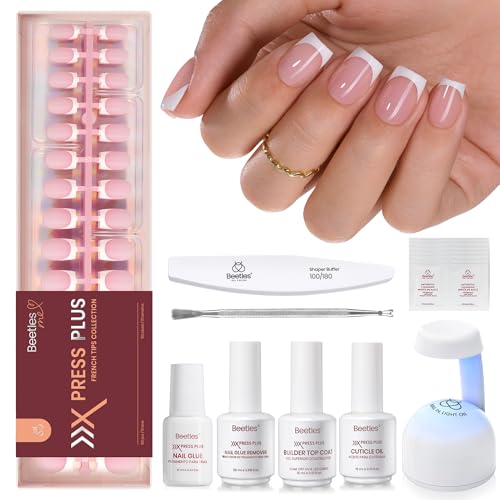 Beetles X Press Plus On Nails Kit-Short Square French Tip Press On Nails Kit with 150Pcs Pink French Nail Tips Nail Glue & Remover Builder Top Coat Nail Lamp,All-in-One DIY Fake Nails Gift for Women