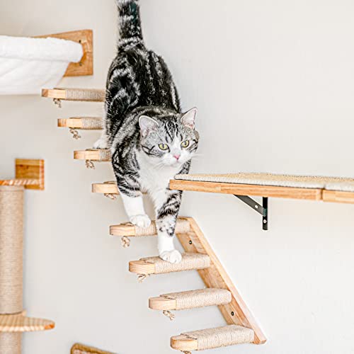 Fukumaru Kletterwand für Katzen, Katzentreppe Wand, Wandliege aus Massives Gummiholz, mit Juteseil für kratzen von Rechts nach Links, für Katzen bis 15 kg mit Juteseil zum Spielen