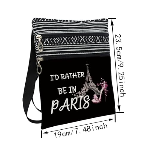 I'd Rather Be In Paris Black Messenger Bag Small Ethnic Pattern Printed Adjustable Strap Crossbody Zipper Bag Paris Travel Phone Bag Wallet Shoulder Handbag Present for Women2
