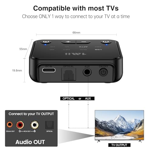 Image of [Upgraded] 1Mii Bluetooth 5.3 Transmitter for TV to 2 Wireless Headphones /Speakers, 100ft Long Range Bluetooth Adapter for TV w /Volume Control, Optical /USB /AUX /RCA Audio Inputs, aptX Adaptive & HD