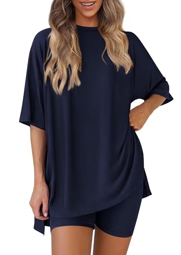 Image of PRETTYGARDEN Women 2 Piece Lounge Set 2026 Summer Casual Oversized Shirts Biker Shorts Matching Airport Travel Outfit Clothes