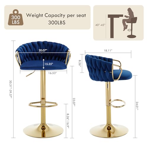 Butacos de Barra Set de 4, Modernos Ajustables Tapizados, Sillas Giratorias de Altura para Isla de Cocina, Comedor, Café o Pub, Azul Oscuro con Reposapiés Dorado miniatura 3