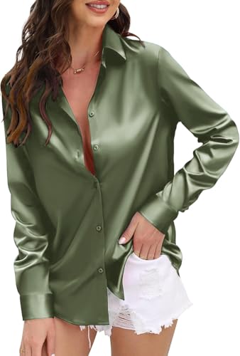 Image of IndoPrimo Women's Satin Shirt with Spread Collar Neck Line Solid Pattern Full Sleeves Regular Fit Western Style and Standard Length
