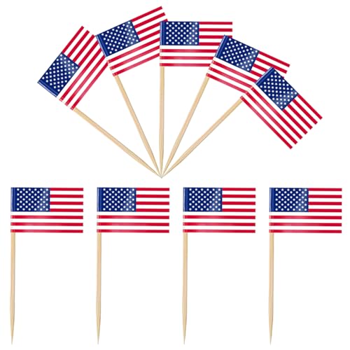 iLamvie 100 PCS Drapeau Cure-dent de USA,Pic Drapeau Americain pour Topper de Coupe,Cure Dent Drapeau Etats Unis pour Décoration de...