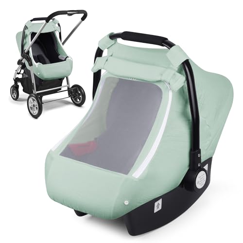 Image of Muslin Car Seat Cover for Babies, Elstey Infant Carseat Canopy with Breathable Peep Window, Kick-Proof Baby Car Seat Covers for Boys Girls, Lightweight Newborn Carrier Cover Fit Summer