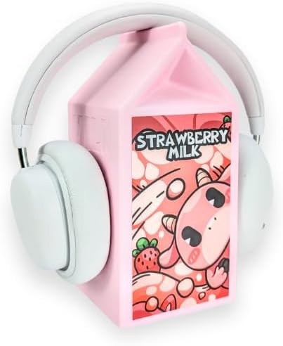 Milk Carton Headphone Stand - Universal Headset Holder - Cute Headphone Stand Hanger - Kawaii Desk Accessories - Pink Gaming Setup - Sturdy Desk Headset Mount (Strawberry Milk)