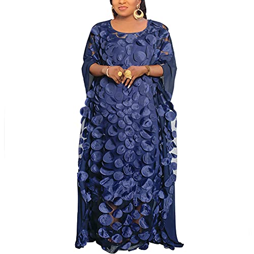 HD Damen-Kleid mit Blumen-Applikationen im afrikanischen Stil, U-Boot-Ausschnitt, Chiffon-Kaftan, Einheitsgröße, Marineblau, Einheitsgröße